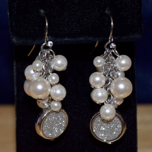 Jewelry - Silver Druzy and Faux Pearl Dangle Earrings